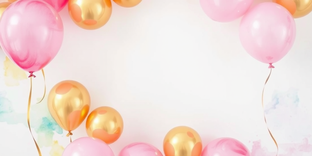 Generate a high-resolution image of a festive watercolor background featuring pink and gold balloons around a blank center, using a Canon EOS R5 with a 50mm lens, aperture f/2.8, ISO 100, and natural soft lighting to enhance color saturation and detail.