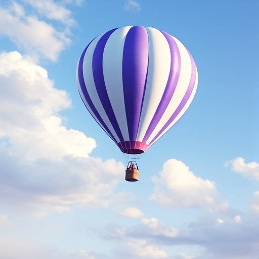 Create a high-resolution watercolor illustration of a purple and white striped hot air balloon floating in a blue sky filled with soft clouds, captured in a vibrant, dreamy style using a Canon EOS 5D Mark IV at f/8, ISO 200, shutter speed 1/125 sec, with a 50mm lens.