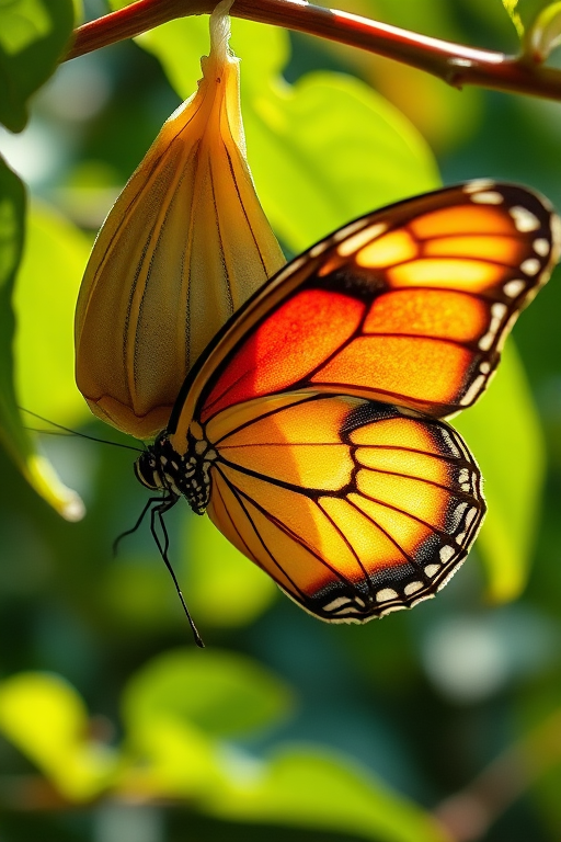 Sharp, detailed close-up of a butterfly emerging from its chrysalis, vibrant wings unfurling, with the delicate texture of its body and soft sunlight filtering through nearby leaves.
