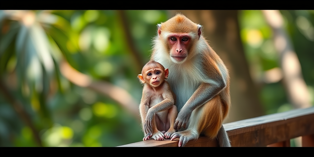 Create a high-resolution image of a monkey and its baby sitting on a wooden railing, using a DSLR camera with a 200mm lens, aperture set to f/2.8, ISO 200, shutter speed 1/500s, in soft natural lighting to enhance details and textures.