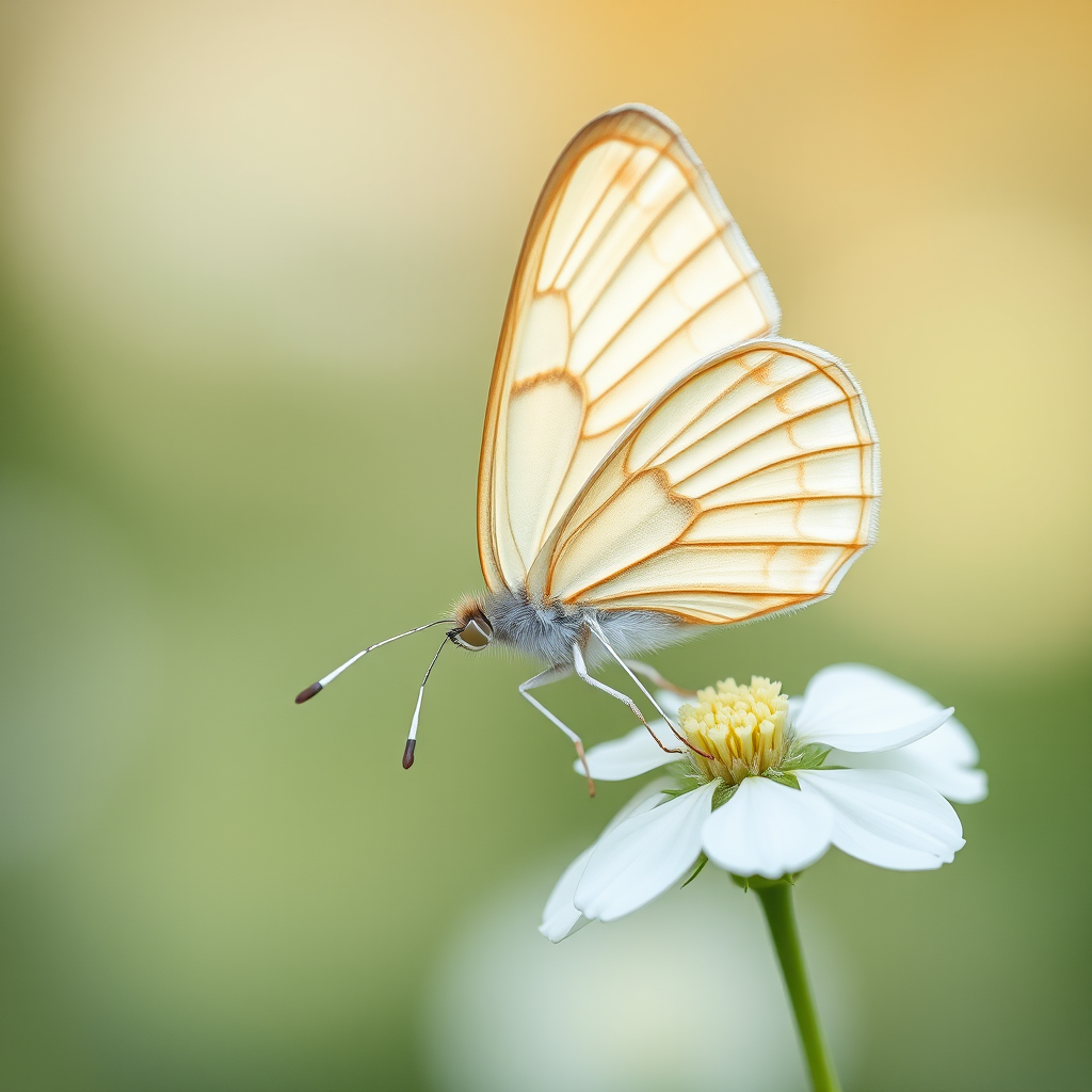 Generate an image of a delicate butterfly perched on a white flower. The butterfly should have intricate patterns on its wings, displaying soft shades of cream and light brown. The background should be softly blurred to emphasize the butterfly and flower, creating a serene, nature-inspired scene.