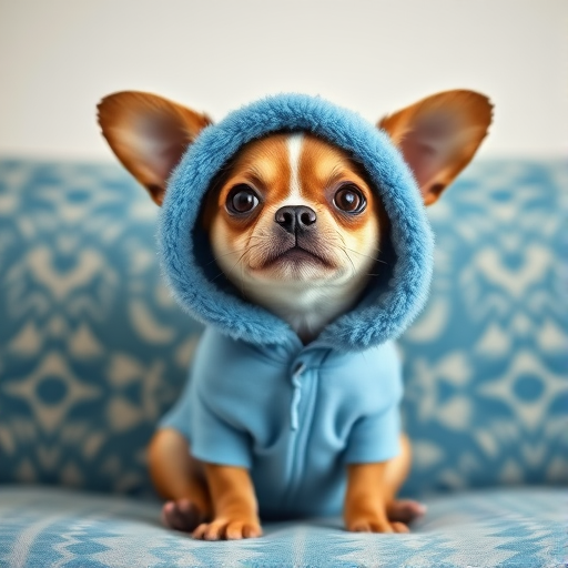 Create an image of a small dog wearing a blue fluffy hoodie with large floppy ears resembling a cartoon character sitting on a patterned couch with a cheerful expression.