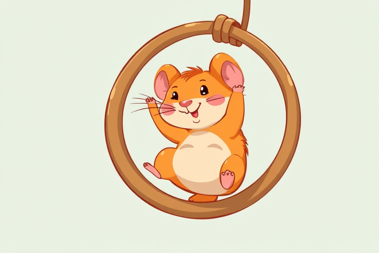 Create a vibrant cartoon-style illustration of a whimsical orange hamster playfully hanging from a brown ring, using a digital drawing tablet with a high-resolution canvas, 300 DPI, soft lighting, and a bright color palette.