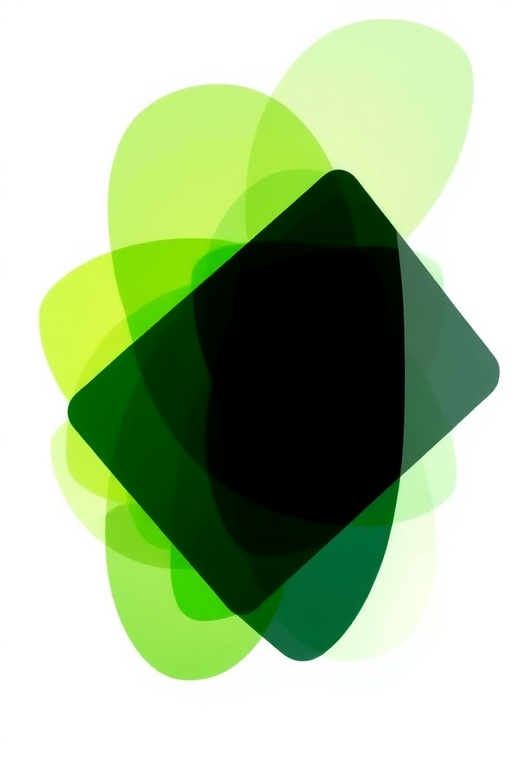 Create a vibrant abstract design featuring overlapping geometric shapes in shades of green and black, with soft gradients, captured with a DSLR camera at f/8, ISO 100, 1/60s shutter speed, top-down view for enhanced clarity and detail.
