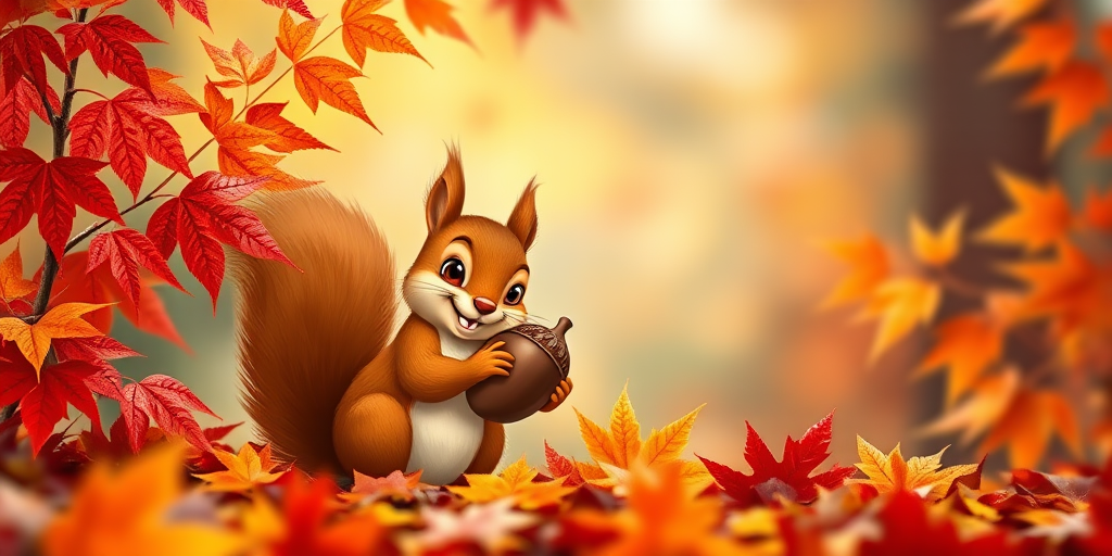 Generate a vibrant autumn scene featuring a cartoon squirrel holding an acorn, surrounded by lush red and orange leaves, using a DSLR camera with a 50mm lens, aperture set to f/2.8, ISO 200, and a shallow depth of field for a soft background blur.