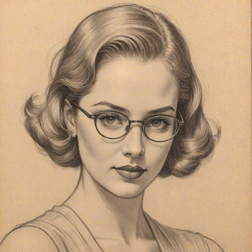 Delightful Madison Bailey, pencil sketch, portrait of Enticing woman 1930s in glasses, hair style beatnik, outline, clear lines, fine lines, 8k