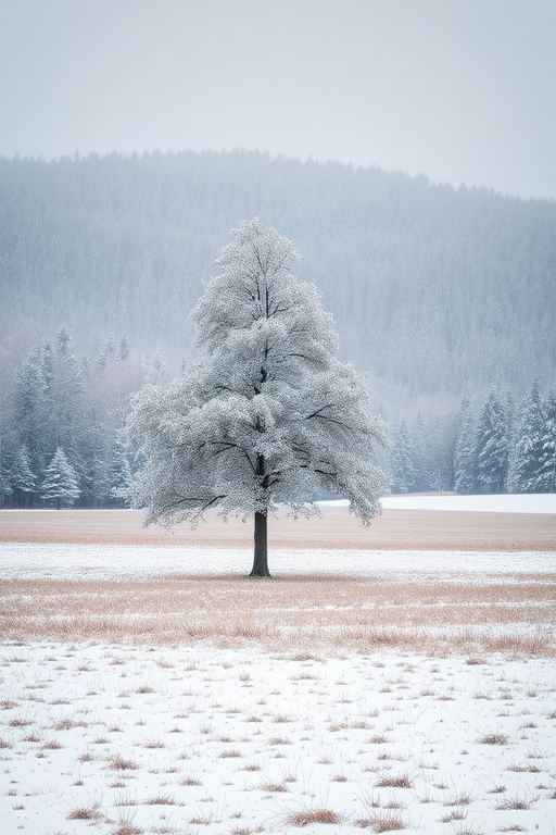 Capture a winter landscape featuring a solitary snow-covered tree in an open field, with dense snowy forests in the background under soft, overcast lighting, using a DSLR camera, 50mm lens, aperture f/8, shutter speed 1/250s, ISO 100, focus mode on single point, and a slight vignette effect for depth.
