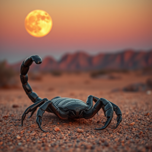 A detailed rendering of a metallic scorpion in a desert landscape at sunset, with a large moon in the background, shot with a Canon EOS R5, 50mm lens, f/2.8 aperture, ISO 100, at a low angle for dramatic effect, emphasizing the textures and colors of the scene.