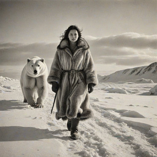 A very old photograph in black and white. The photo is badly damaged, faded, with scratches, tears, smudges and dirt. The photo is ultra-realistic and very detailed. It's a picture of an Arctic warrior. She is walking serenely towards the camera. At her side walks a majestic polar bear. Its fur shines in the sunlight. Snow, ice, sea. wind. snow in the air.