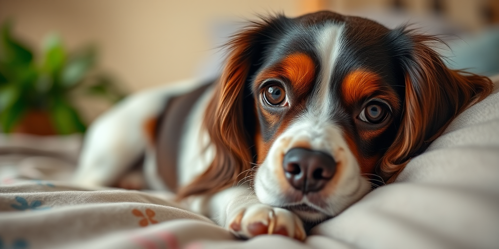 A close-up portrait of a Cavalier King Charles Spaniel lying on a cozy bed, with soft natural lighting and a shallow depth of field, using a DSLR camera at f/2.8, ISO 100, and a 50mm lens for crisp detail and a creamy background, capturing the dog's expressive eyes and silky fur.