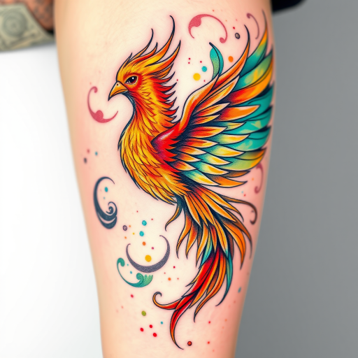 Vibrant watercolor tattoo depicting a majestic phoenix rising from ashes, feathers blending into swirling abstract patterns, iridescent hues of orange and teal, intricate details in negative space