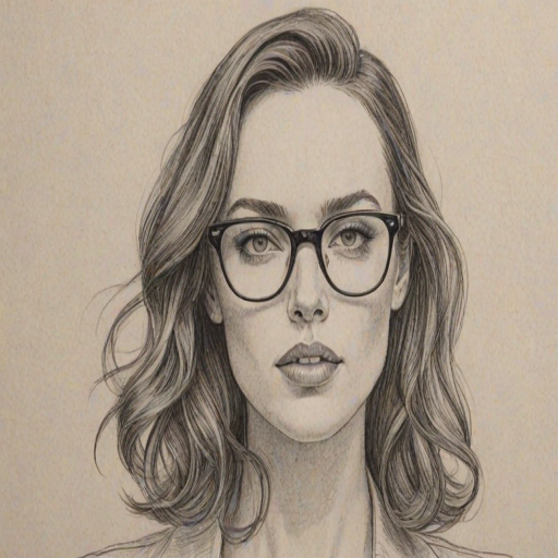 Captivating Jessica McNamee, pencil sketch, portrait of Fetching woman 1942s in glasses, hair style beatnik, outline, clear lines, fine lines, 8k