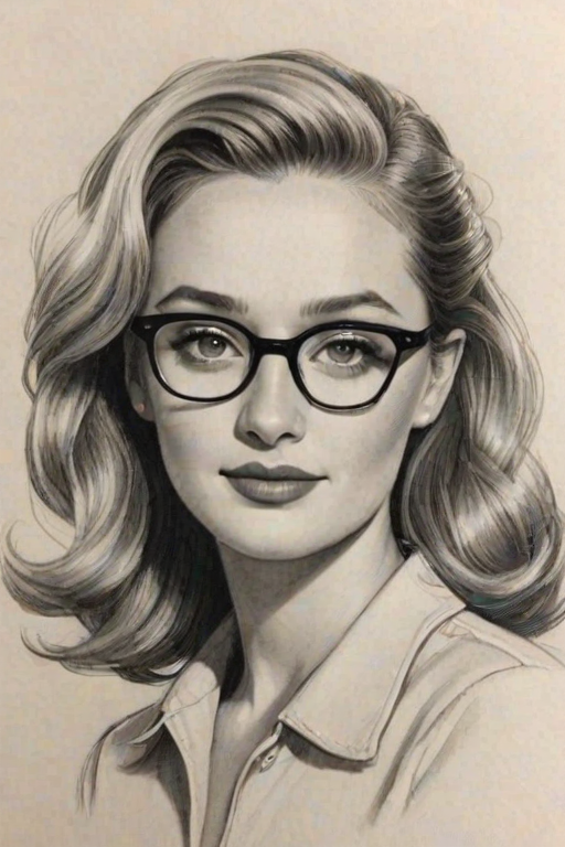 Superb Greer Grammer, pencil sketch, portrait of Attractive woman 1940s in glasses, hair style beatnik, outline, clear lines, fine lines, 8k