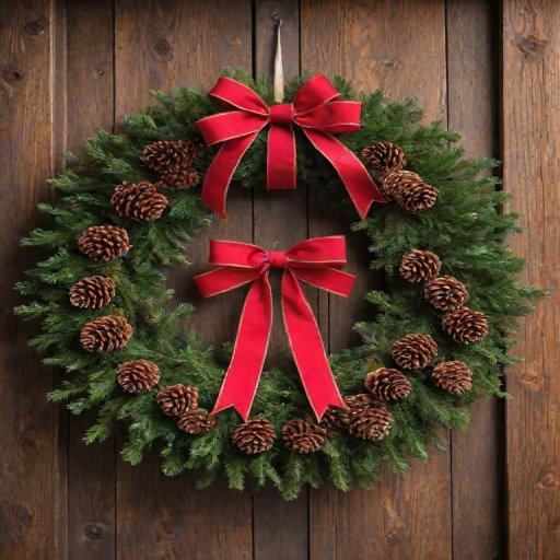 Warmly lit photo of a beautiful holiday wreath adorned with pinecones and red ribbons hanging on a rustic wooden door, soft light enhancing the rich textures and colors.