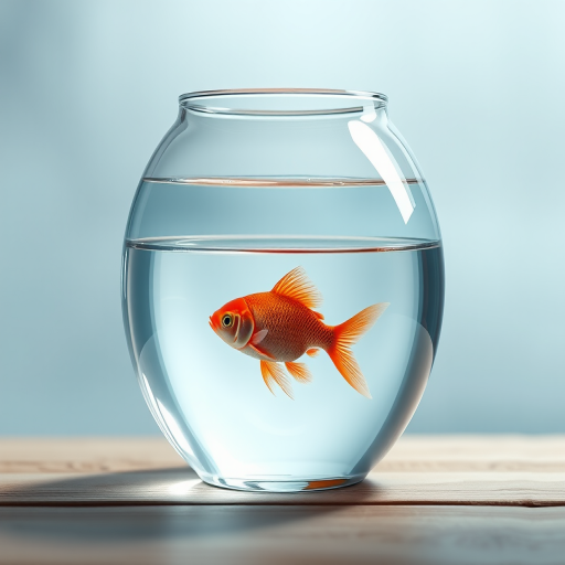 Create a detailed illustration of a glass fish bowl filled with clear water, using a Canon EOS R camera, 50mm lens, aperture f/2.8, ISO 100, with a soft focus background for enhanced depth, top-down view, high-resolution.