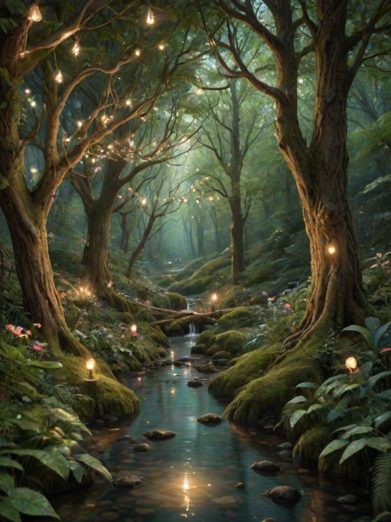 Enchanted forest, filled with towering trees and sparkling fairy lights hanging from branches, a gentle stream flowing through, and small woodland creatures peeking out from behind the foliage.