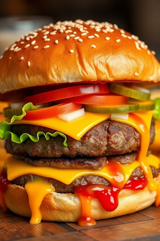 High-resolution, close-up image of a gourmet double cheeseburger. The burger features a glossy, sesame-seed-topped brioche bun. Inside, there are two thick, juicy beef patties, each topped with melted cheddar cheese. The burger is garnished with fresh lettuce, tomato slices, diced onions, and pickles. A generous amount of ketchup and a creamy, orange-colored sauce is dripping down the sides, adding to the mouth-watering appeal. In the background, there are blurred elements including a side of golden French fries and a hint of a beverage, enhancing the overall presentation of a delicious meal.