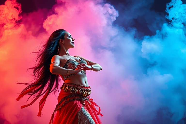 Create a high-resolution image of a graceful belly dancer in intricate costume, with flowing movement and soft lighting; use a DSLR camera with a 50mm lens, f/1.8 aperture, ISO 100, and 1/200 sec shutter speed; capture from a low angle to emphasize her pose against a vibrant, colorful smoke background.