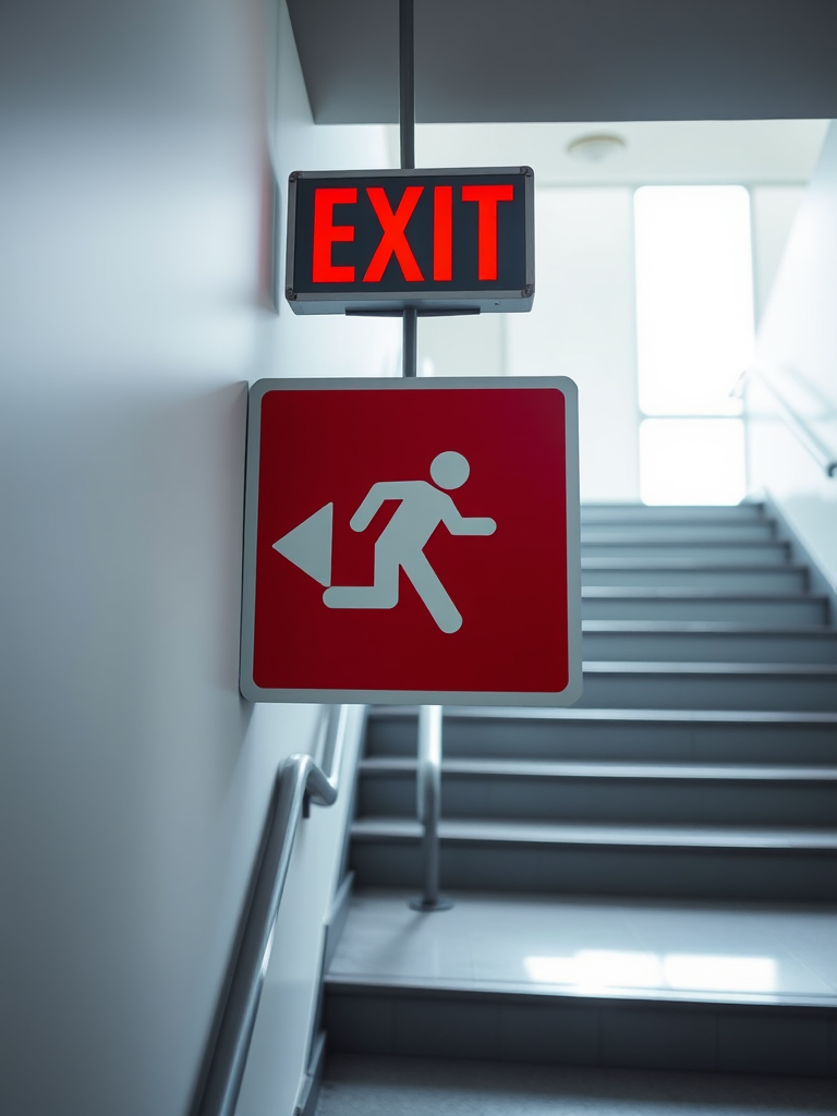 Create an enhanced image of an exit sign featuring a running figure and a staircase, captured with a Canon EOS R camera, 50mm lens, ISO 100, f/8 aperture, 1/200s shutter speed, in a bright, well-lit environment to improve clarity and detail.