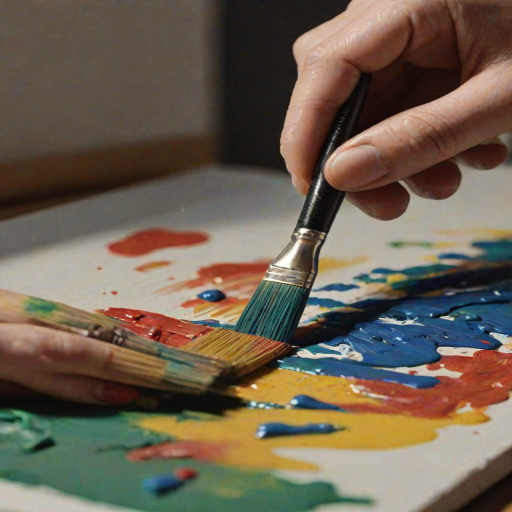 Sharp, close-up image of an artist's brush carefully applying paint to a canvas, tiny details of the brushstrokes visible, with vibrant colors blending together under soft studio lighting.