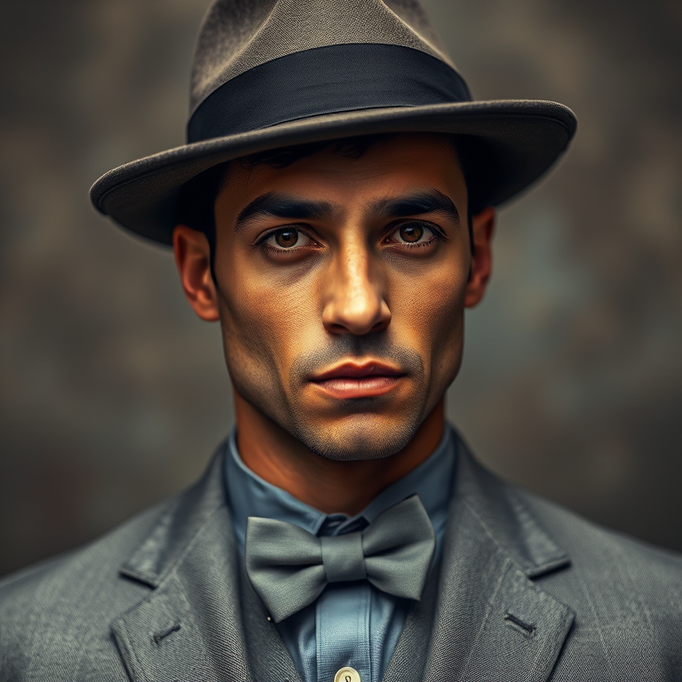 Generate a vintage-style portrait of a man in a gray suit and bow tie, wearing a fedora hat, with a serious expression; use a DSLR camera with a 50mm lens, aperture f/2.8, ISO 100, soft lighting, and a shallow depth of field to enhance details and background blur.
