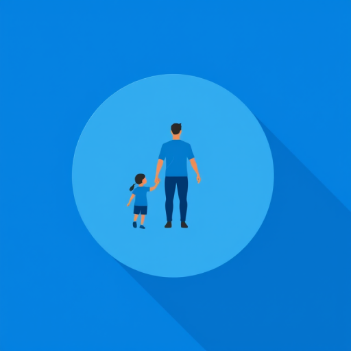 Create a minimalistic icon of a man and a child holding hands, centered within a circular blue background, using a 50mm lens at f/8, ISO 100, with a high Dynamic Range (HDR) effect, in a flat design style, captured with a DSLR camera.