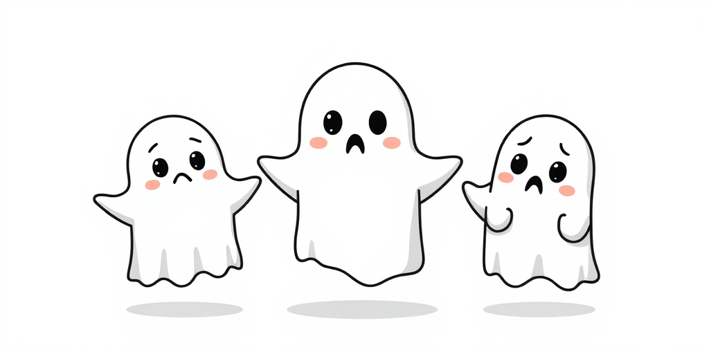 Three cute cartoon ghosts with different expressions one looks surprised one looks sad and one looks curious in a simple black outline style on a white background