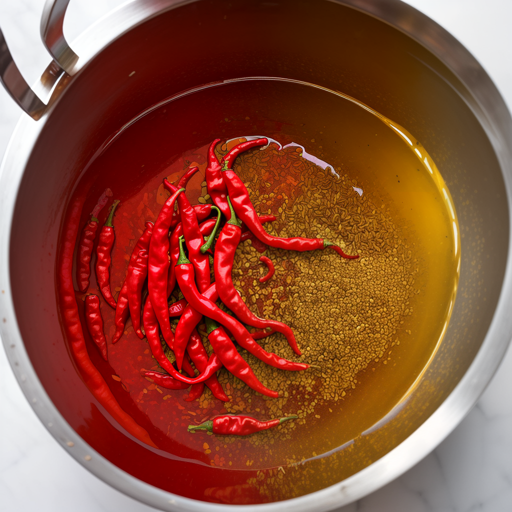 making chilli oil with fresh chillies and garlic