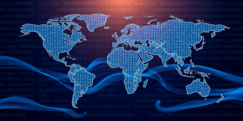 create a digital map of the world with a blue wave pattern overlay and binary code background, use a high-resolution camera setting of 300 DPI, employ a bird's eye view, utilize a vector style, and apply a digital art camera type for enhanced clarity
