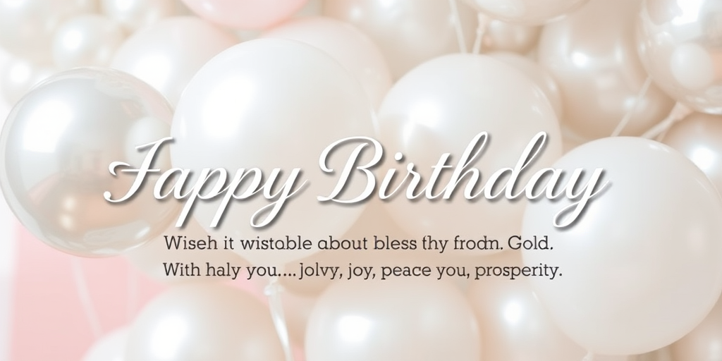 Create a birthday greeting card design with elegant typography that says Happy Birthday in a stylish font. Include a heartfelt message wishing the recipient blessings from God, emphasizing health, love, joy, peace, and prosperity. Use a soft color palette with silver and pastel balloons in the background to enhance the celebratory theme.