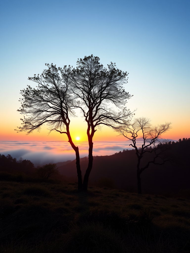 Generate a landscape image of a serene sunset over a misty valley with two silhouetted trees in the foreground, using a Canon EOS R5 camera, 24mm f/1.4 lens, f/11 aperture, ISO 100, 1/250 sec shutter speed, with a wide-angle view and soft pastel colors.