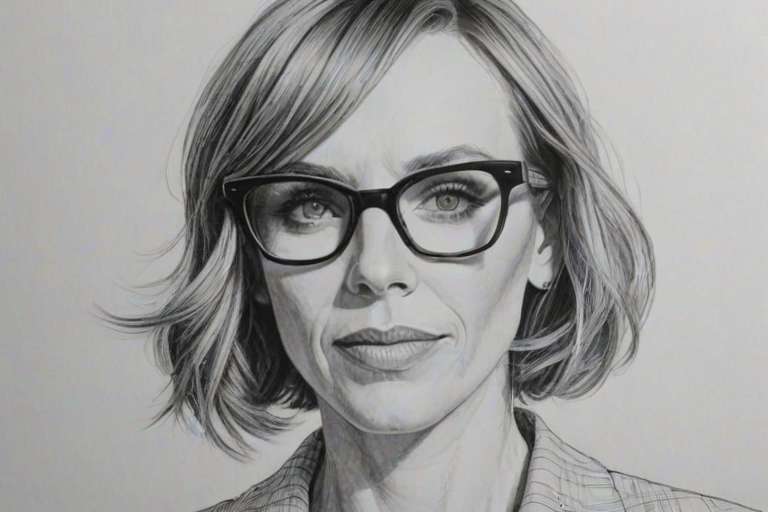 Beautiful Toni Collette, pencil sketch, portrait of beautiful woman 60s in glasses, hair style beatnik, outline, clear lines, fine lines, 8k