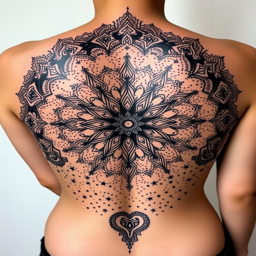 Dotwork mandala tattoo titled "Cosmic Bloom" featuring an intricate floral mandala design expanding from the center of the back, gradually transitioning from dense black dotwork to sparse constellations and star patterns, creating a mesmerizing fade effect that mimics the vastness of space