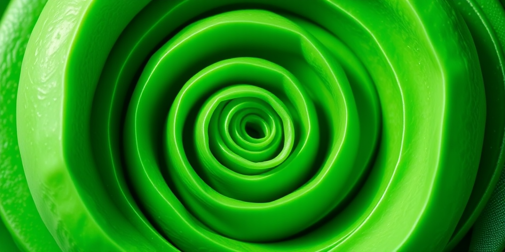 Generate a high-resolution image of a green spiral stack with a smooth texture under soft natural lighting, using a 50mm lens at f/2.8, ISO 100, at eye level, shot with a DSLR camera for clarity and detail.