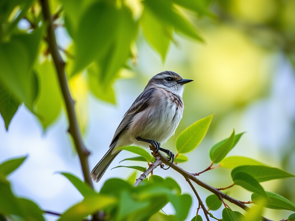 Capture a detailed shot of a small bird perched on a branch surrounded by vibrant green leaves, using a Canon EOS 5D Mark IV with a 400mm f/2.8 lens, aperture set to f/4, shutter speed at 1/500s, ISO 400, in natural light with a shallow depth of field for a blurred background.