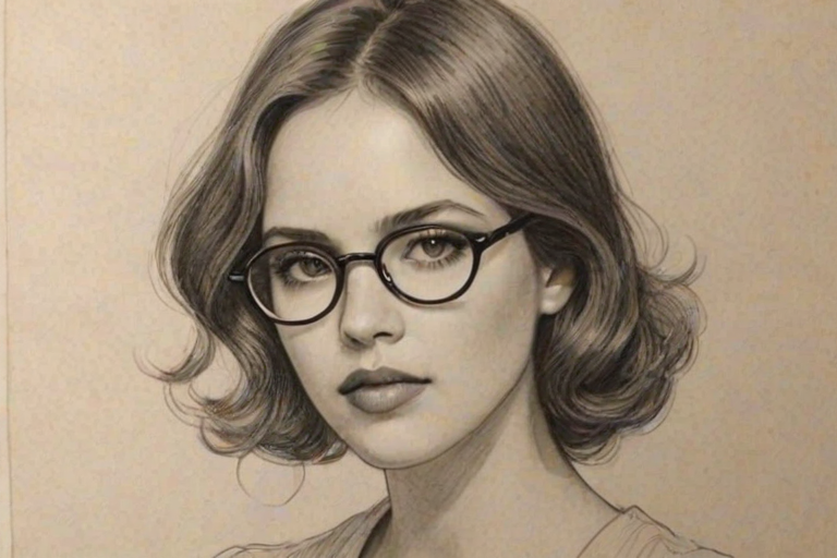 Stunning Eiza Gonz'lez, pencil sketch, portrait of Lovely woman 1924s in glasses, hair style beatnik, outline, clear lines, fine lines, 8k