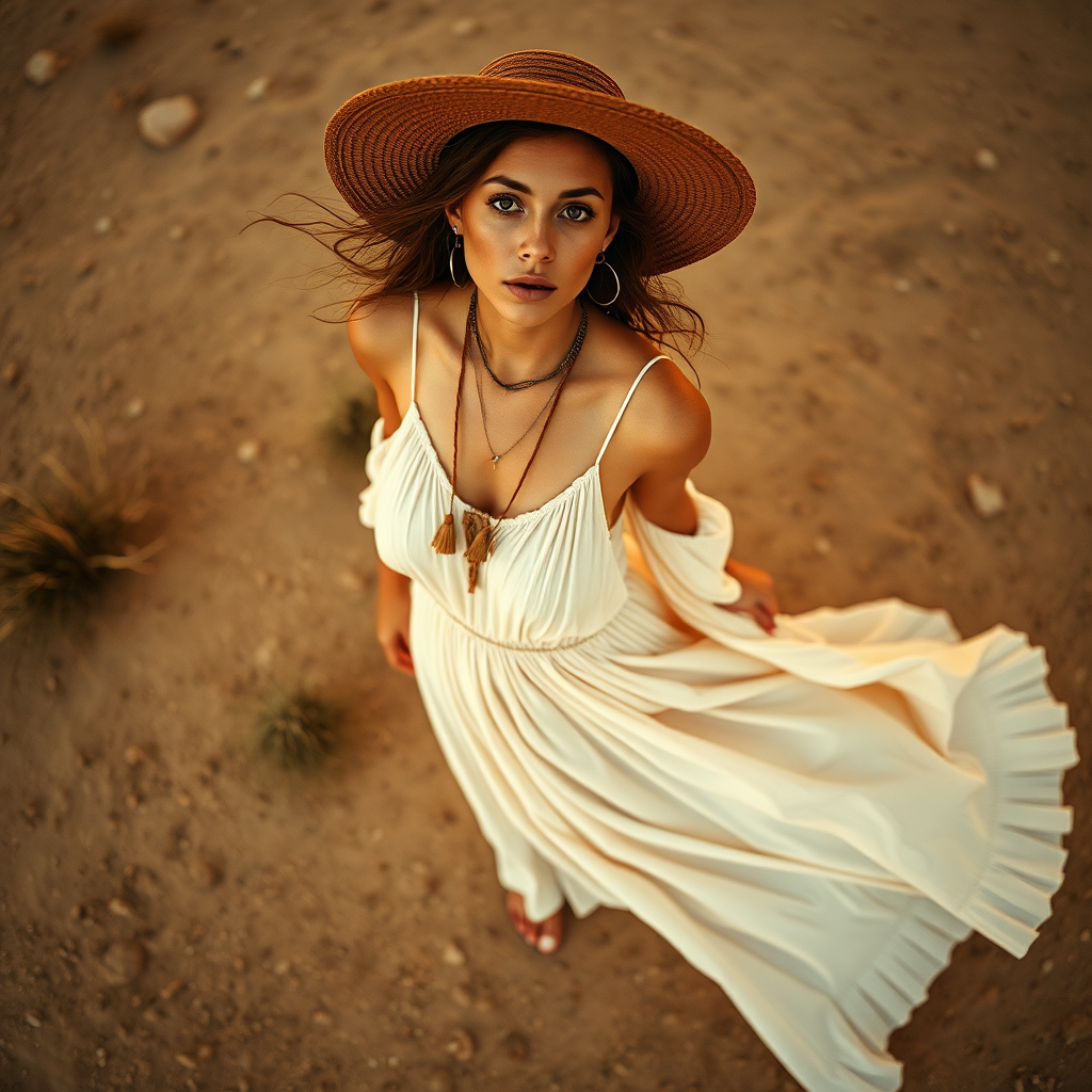 Desert setting, bohemian model, flowy dresses, earthy tones, rustic sunset effect,  equipped with a 12mm lens to capture an overhead view of the model, emphasizing symmetry and spatial positioning