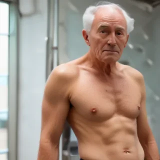 shirtless old man