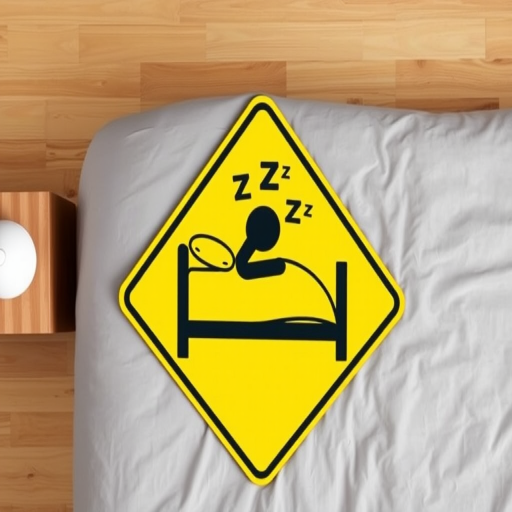 Create a high-resolution vector image of a yellow caution sign featuring a minimalist icon of a person sleeping on a bed with stylized "Zzz" above them, using a sharp focus and vibrant colors, captured in a flat lay view using a DSLR camera with a 50mm lens at f/8, ISO 100, and 1/200s shutter speed for enhanced clarity and detail.