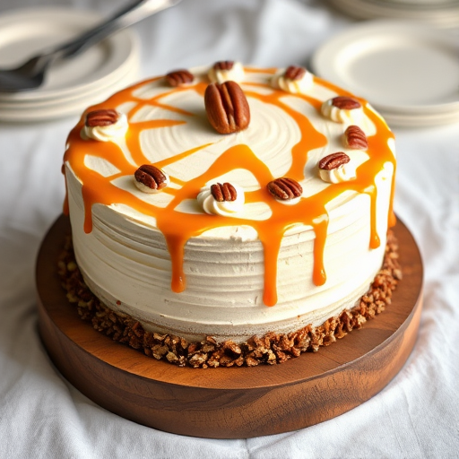 Create an image of a round layered cake with a smooth cream frosting decorated with swirls on top and a single pecan in the center. The cake sits on a wooden cake stand and has a border of chopped pecans around the base. Drizzle caramel sauce over the top, and place the cake on a white cloth background with some plates and utensils in the blurred background.