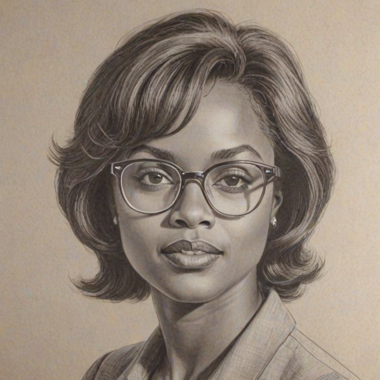 Gorgeous Anita Hill, pencil sketch, portrait of Enchanting woman 1969s in glasses, hair style beatnik, outline, clear lines, fine lines, 8k