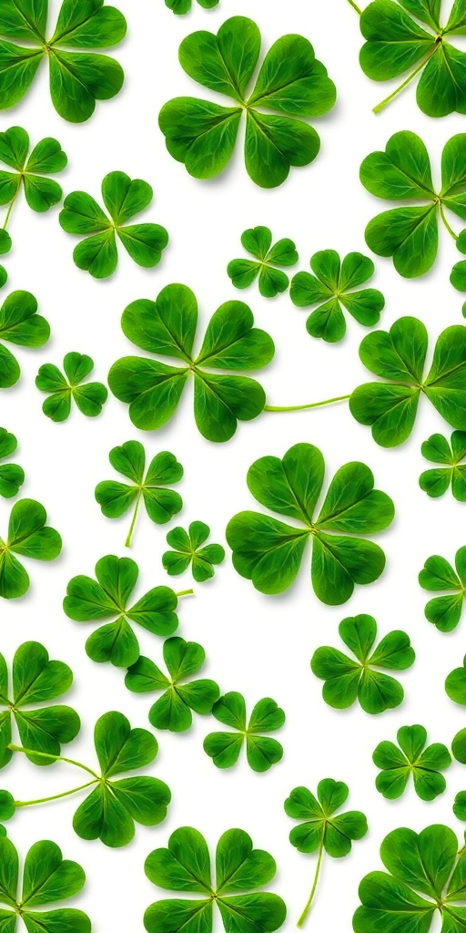 Create a seamless pattern of green leaf clovers on a white background with high detail, shot with a Canon EOS R5, 50mm lens, aperture f/4.0, ISO 100, natural light for optimal clarity and color vibrance.