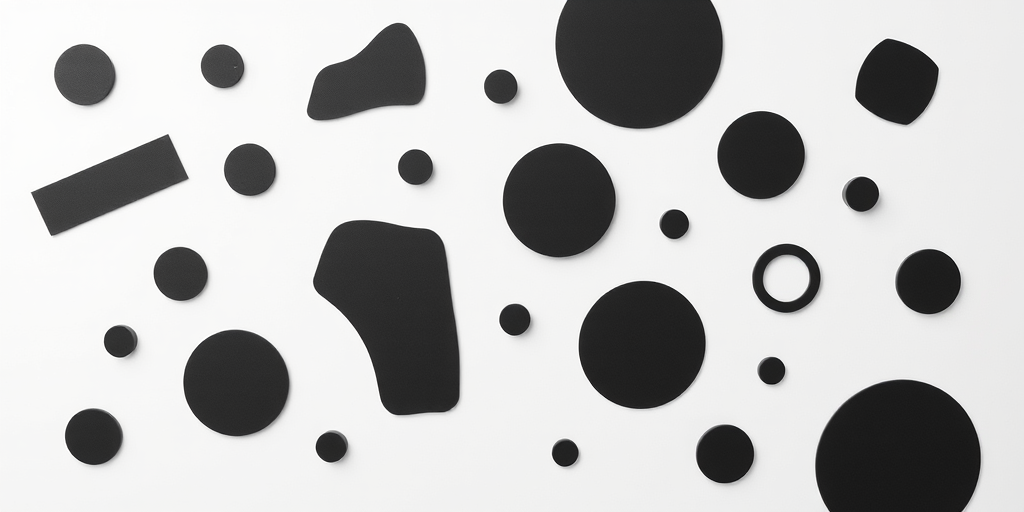 Create a high-resolution image of abstract black and white shapes on a clean background, using a DSLR camera with a 50mm lens, aperture set to f/2.8, shutter speed of 1/125s, and ISO 100, shot from a top-down view with soft, diffused lighting to enhance contrast and clarity.