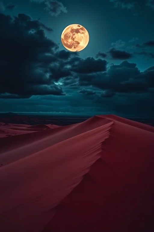 A dramatic landscape of a red sand dune under a large glowing moon, with a moody sky filled with dark clouds and hints of blue, high dynamic range, wide angle lens, f/8 aperture, ISO 100, full-frame DSLR camera, twilight setting.
