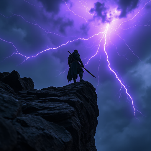 A dark fantasy scene featuring a lone warrior with a sword standing on a rocky cliff, illuminated by purple lightning against a stormy sky, captured with a DSLR camera at f/2.8, ISO 100, 1/200 sec, wide-angle lens for dramatic perspective, low angle view for emphasis on the warrior.