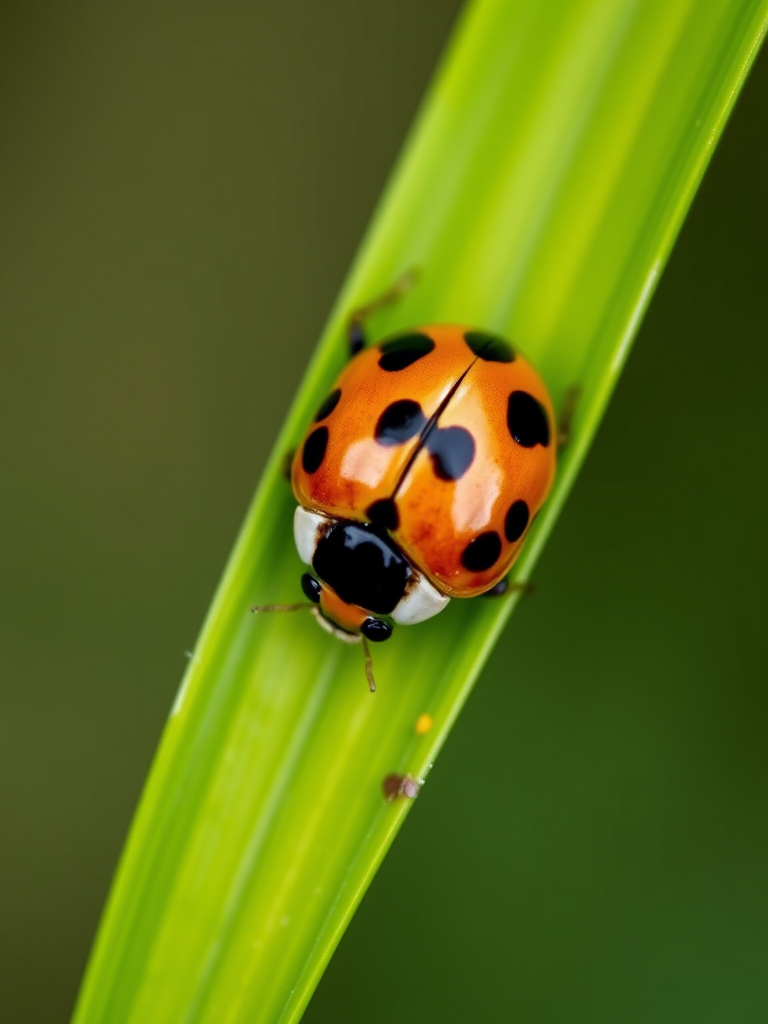 Close-up shot of a ladybug on a green leaf with sharp focus, using a macro lens, aperture set to f/5.6, shutter speed 1/200s, ISO 100, natural light, top-down view, DSLR camera.