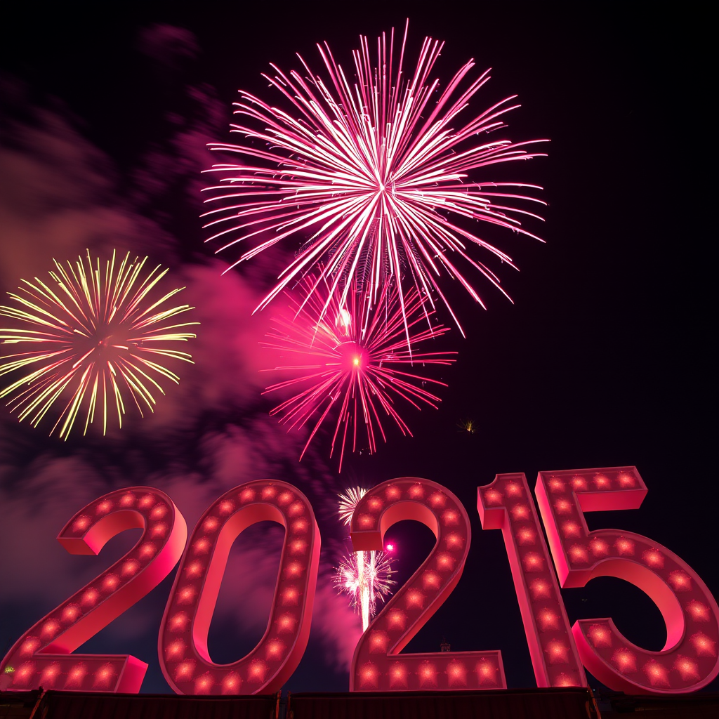 New Year fireworks display with vibrant colors illuminating the night sky, featuring large numbers "2025" in the foreground, captured using a DSLR camera at f/8, ISO 100, 15-second exposure, wide-angle lens, low angle view for dramatic effect.