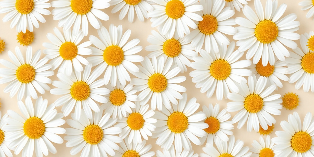 Create a seamless floral pattern featuring daisies with white petals and yellow centers against a soft beige background, shot with a DSLR camera at f/8 aperture, with a 50mm lens, from a top-down view in natural light.