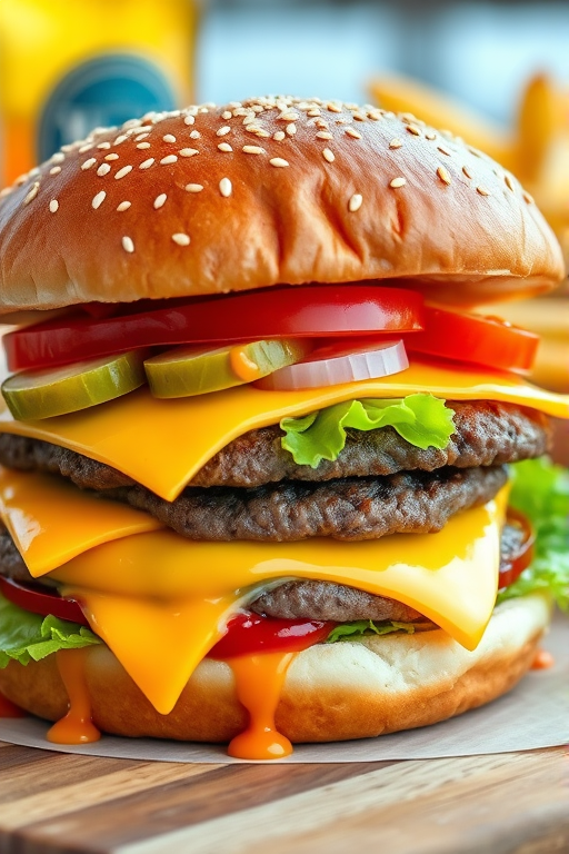 High-resolution, close-up image of a gourmet double cheeseburger. The burger features a glossy, sesame-seed-topped brioche bun. Inside, there are two thick, juicy beef patties, each topped with melted cheddar cheese. The burger is garnished with fresh lettuce, tomato slices, diced onions, and pickles. A generous amount of ketchup and a creamy, orange-colored sauce is dripping down the sides, adding to the mouth-watering appeal. In the background, there are blurred elements including a side of golden French fries and a hint of a beverage, enhancing the overall presentation of a delicious meal.