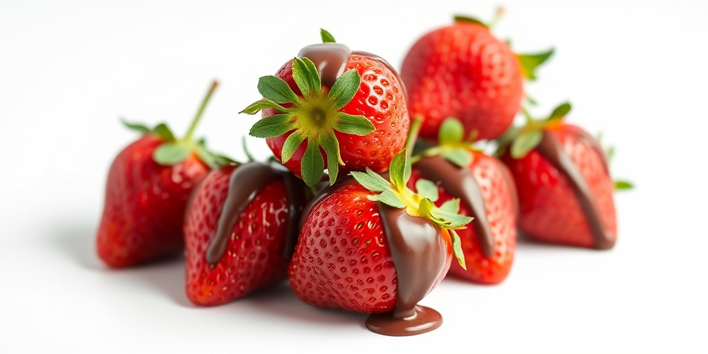 capture a vertical stack of five fresh strawberries drizzled with melted chocolate on a clean white background using a DSLR camera, f/2.8 aperture, 50mm lens, ISO 100, natural soft lighting for enhanced details and vibrant colors